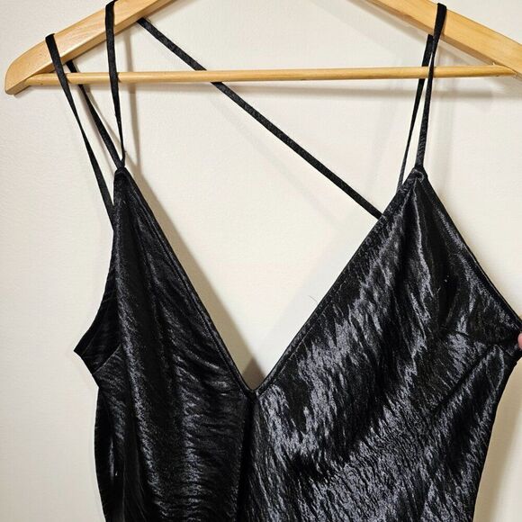 EUC EXPRESS BLACK SATIN FEEL DEEP V NECK SPAGHETTI STRAP MIDI DRESS SIZE 14 - Picture 8 of 14